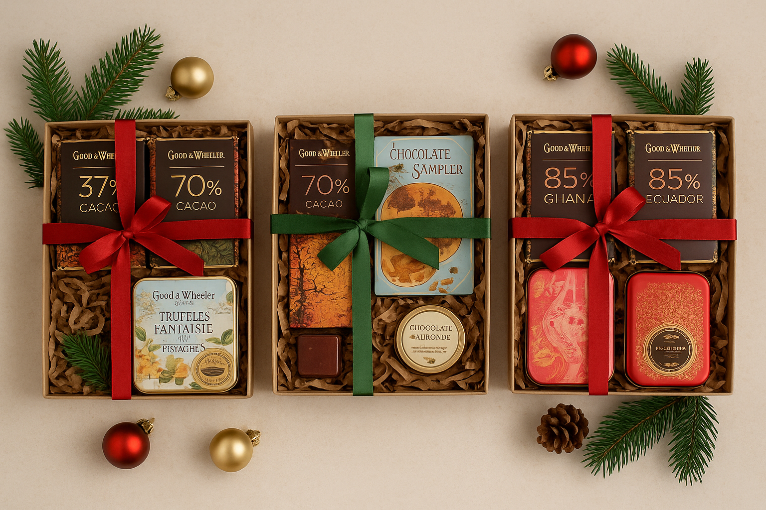 Três caixas de presente com barras de chocolate Good & Well e outros chocolates decoradas para Natal