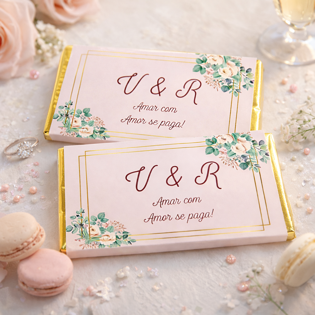 Barra de chocolate rosa com flores e texto decorativo ao lado de macarons e um anel.