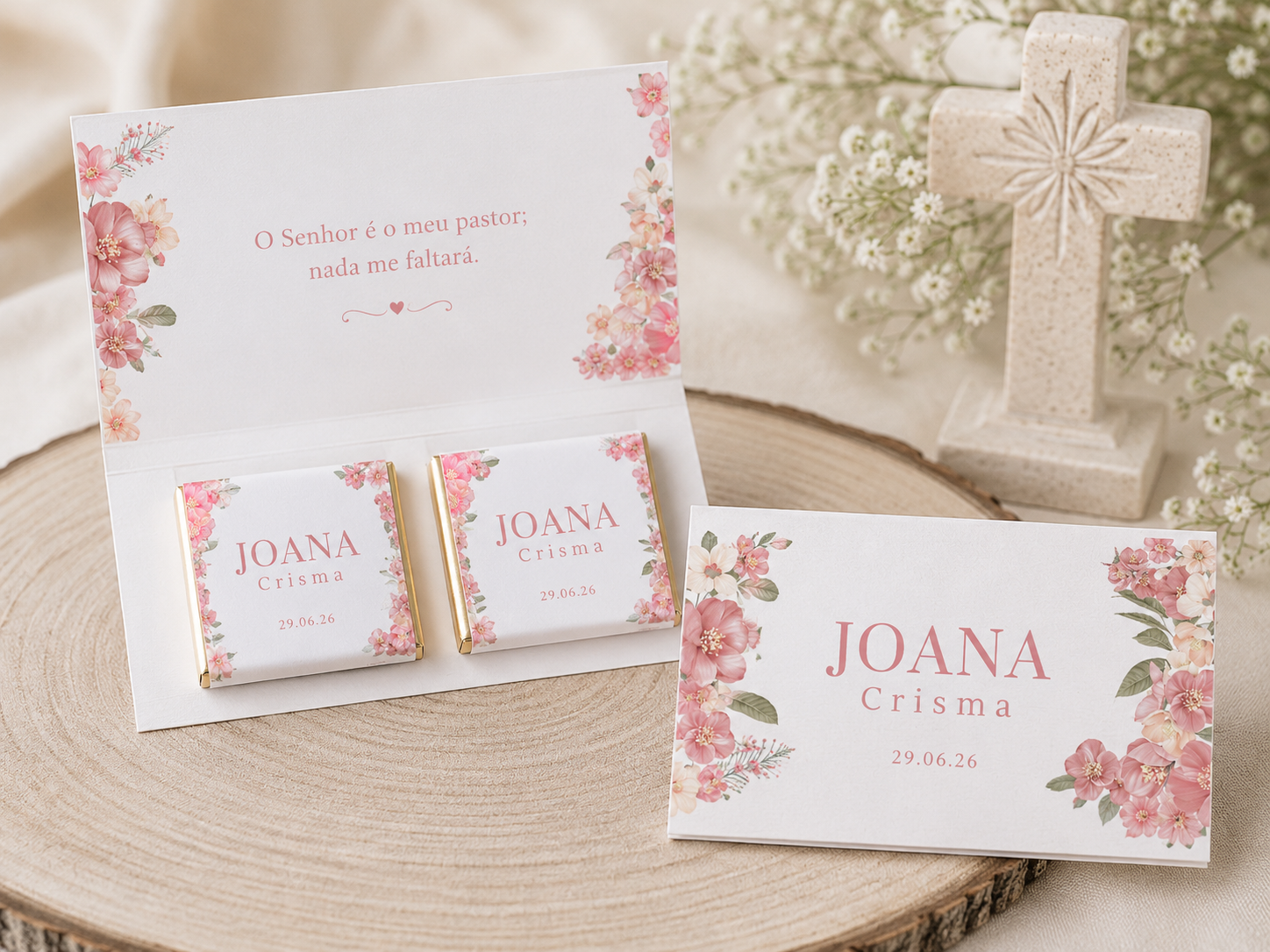 Conjunto decorativo para Crisma com barras de chocolate, cartão floral e cruz de pedra.