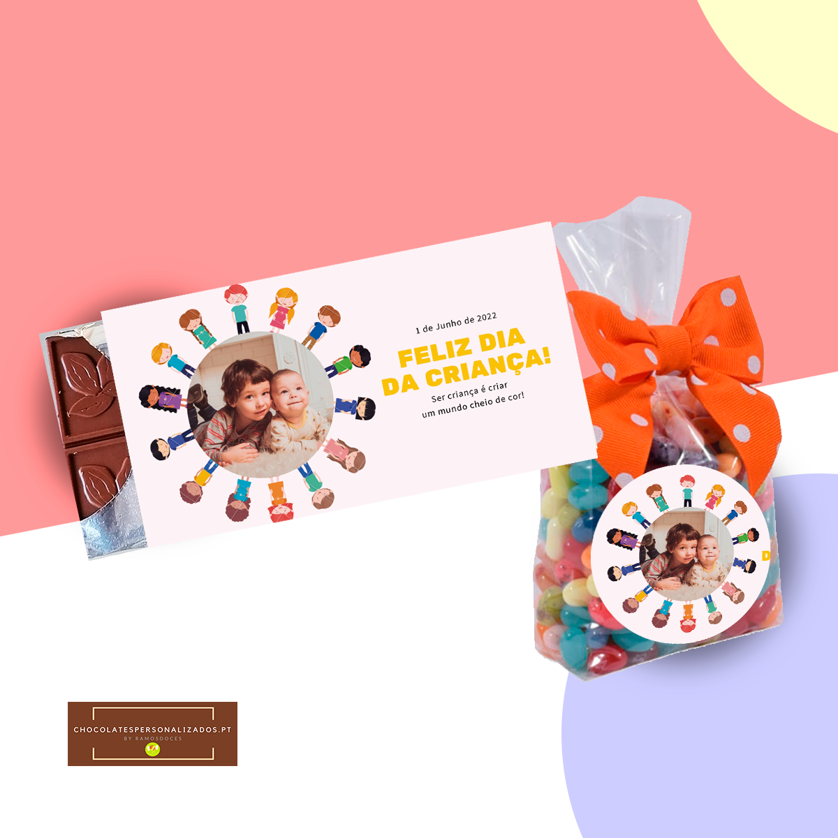 Presente Dia da Crian&ccedil;a | Chocolate + Saquinho de Gomas personalizado com foto
