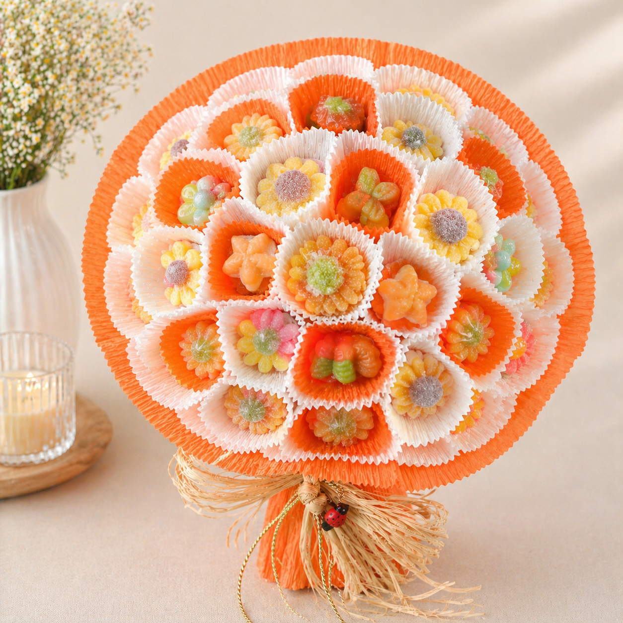 Bouquet colorido de doces em forma de flores e estrelas em forminhas de papel.