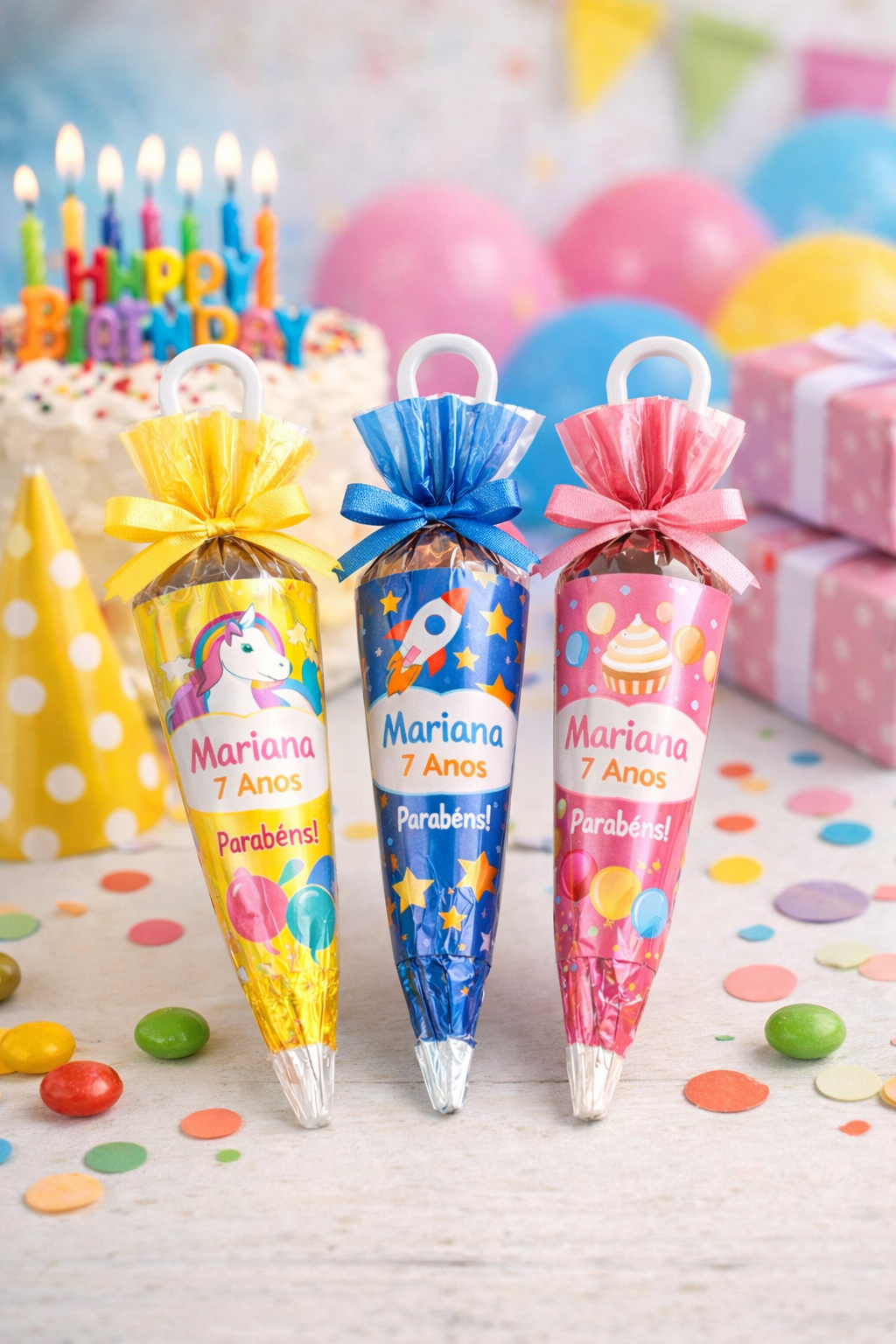 Três pirulitos coloridos com etiquetas de aniversário e fundo de festa com bolo e balões