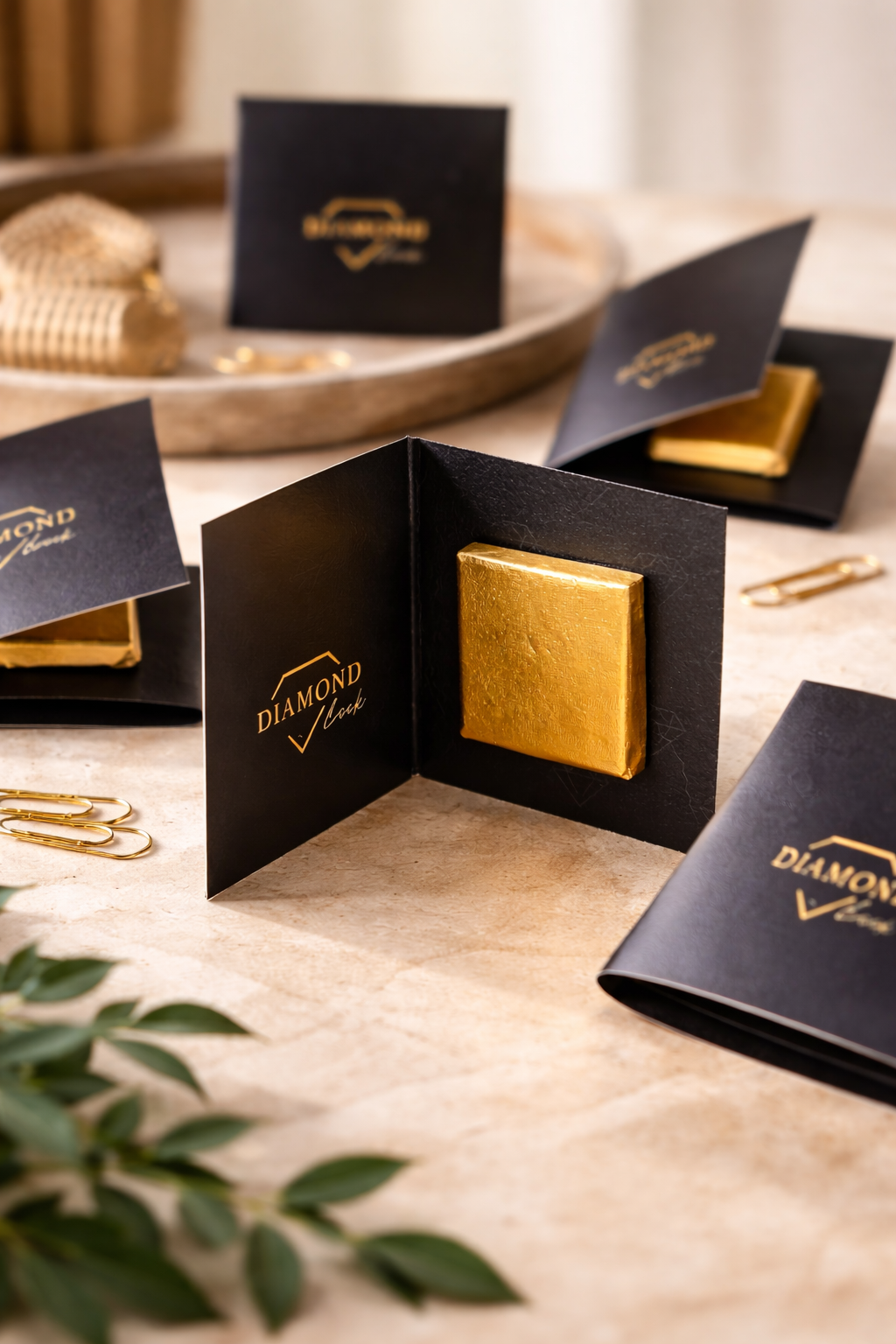Chocolate envolto em papel dourado numa embalagem preta com texto DIAMOND Look