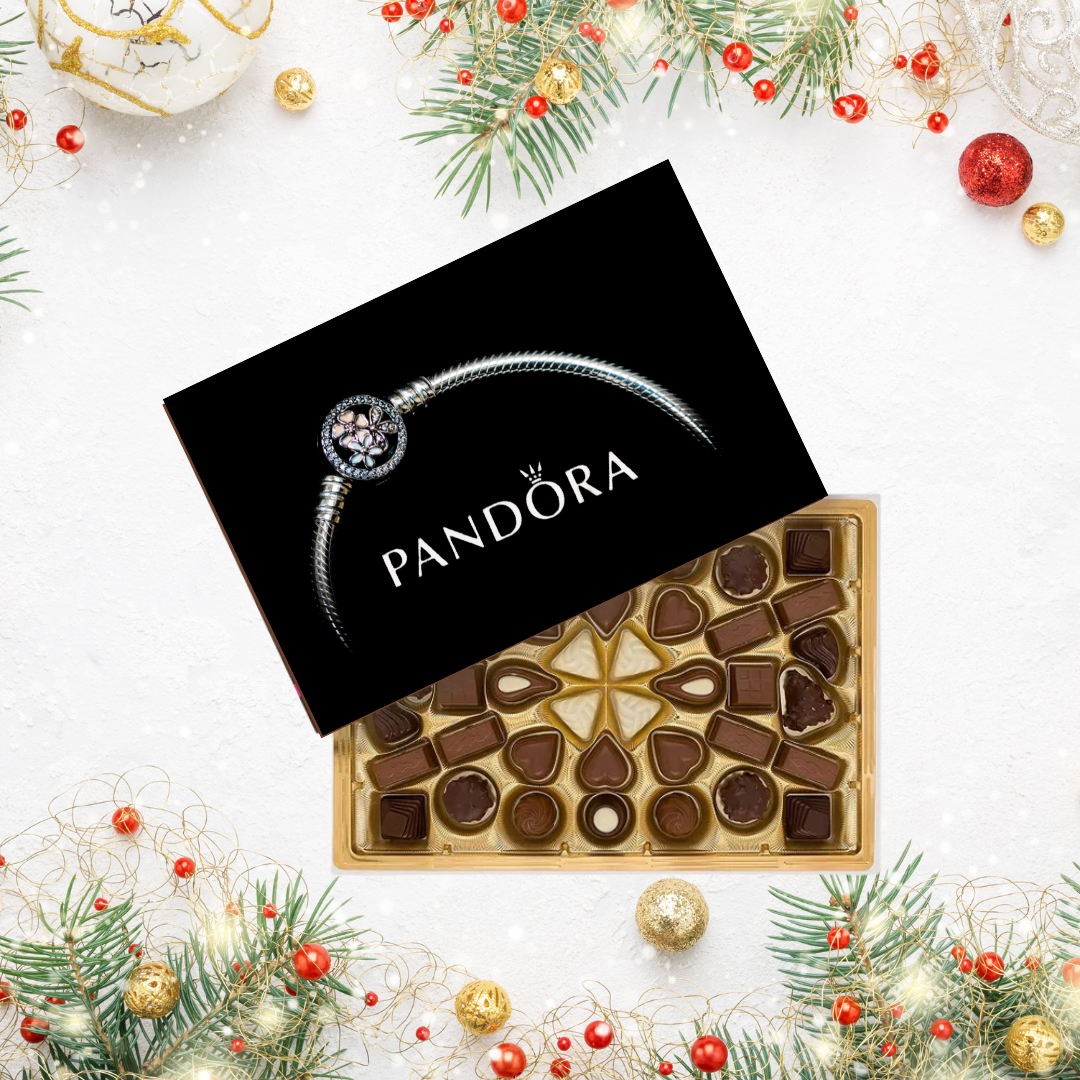 Caixa de chocolates Pandora com tampa preta e decoração de Natal