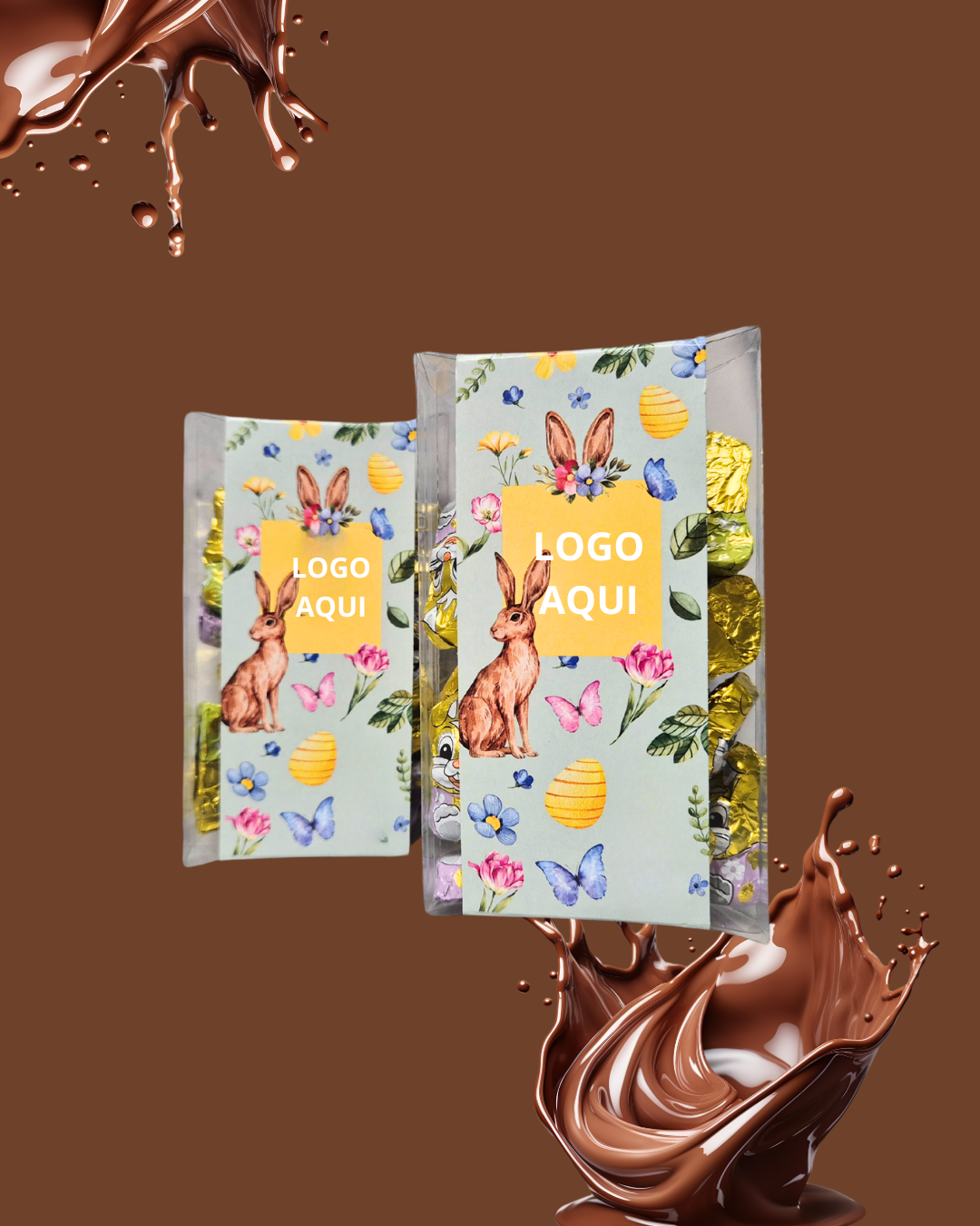 Dois pacotes com chocolates e etiqueta com coelho e ovos de Páscoa