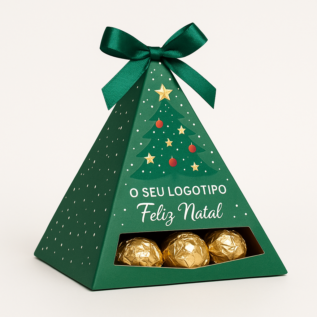 Embalagem verde em forma de pirâmide decorada com temas natalícios e três bombons dourados visíveis na parte inferior