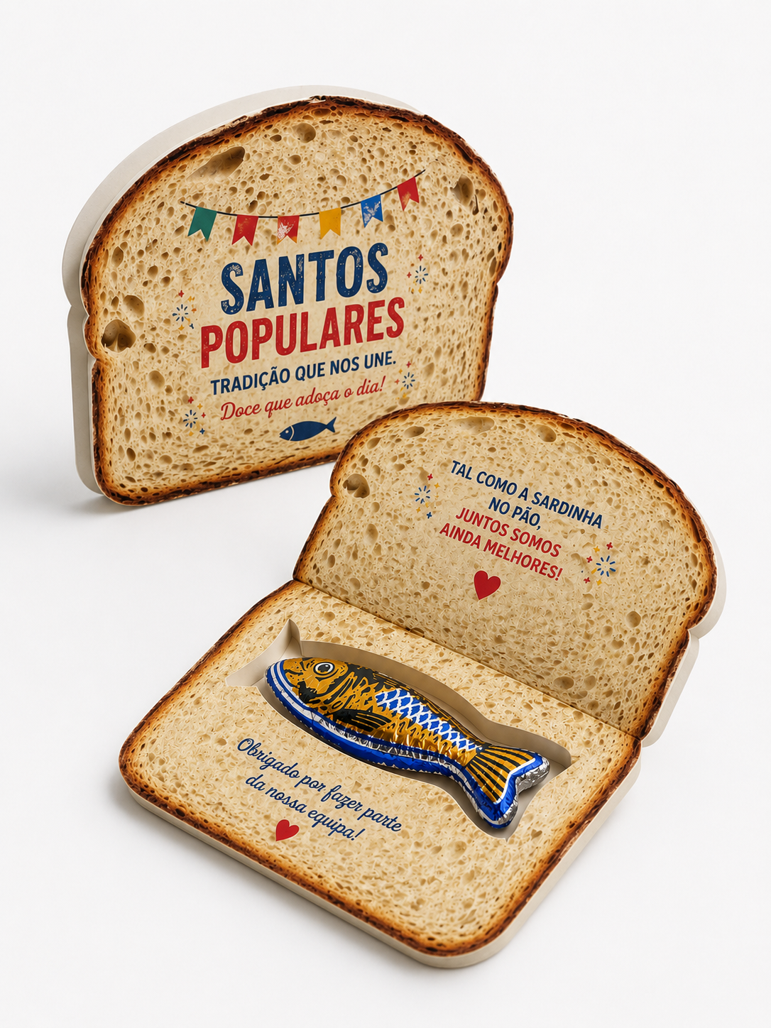 Caixa em forma de fatia de pão com uma sardinha de chocolate dentro