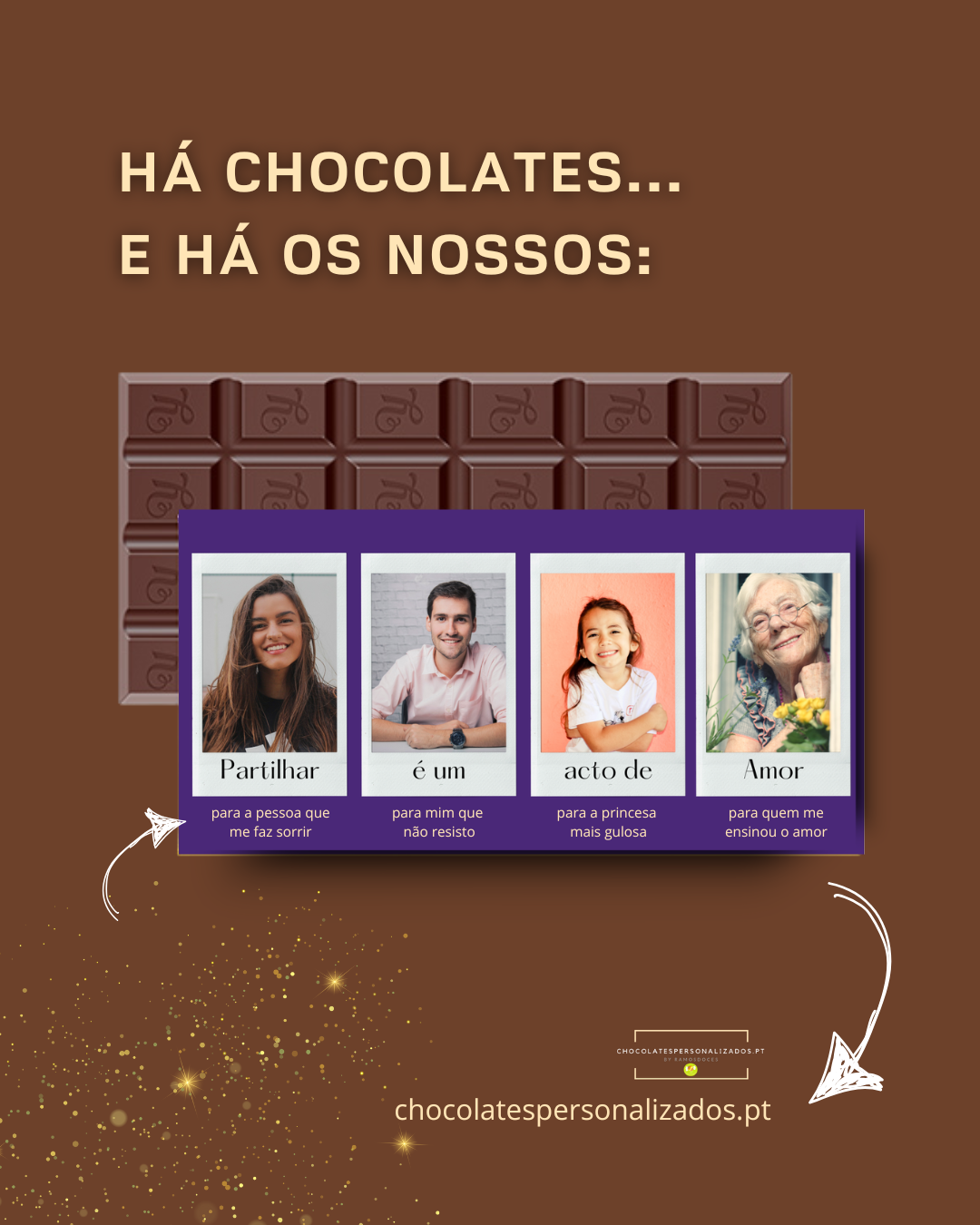Barra de chocolate personalizada com fotos de pessoas e textos em fundo castanho