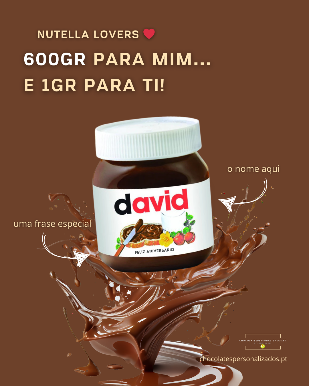 Frasco de creme de chocolate com etiqueta personalizada com o nome david e fundo castanho com jorro de chocolate