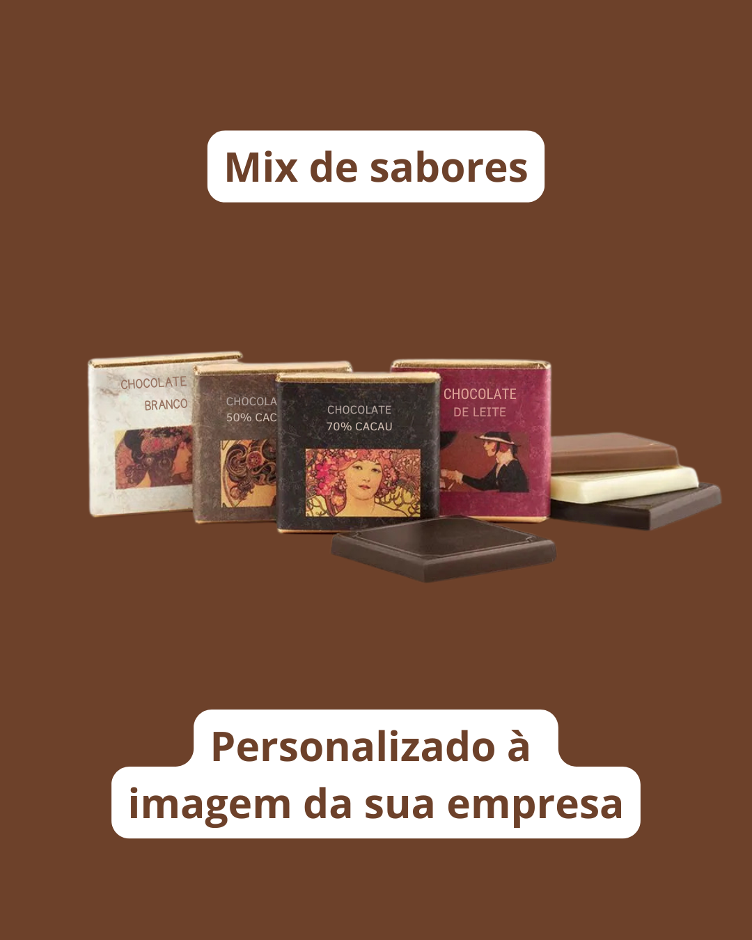Conjunto de quatro mini barras de chocolate em quatro embalagens distintas com diferentes percentagens e tipos, sobre fundo castanho.