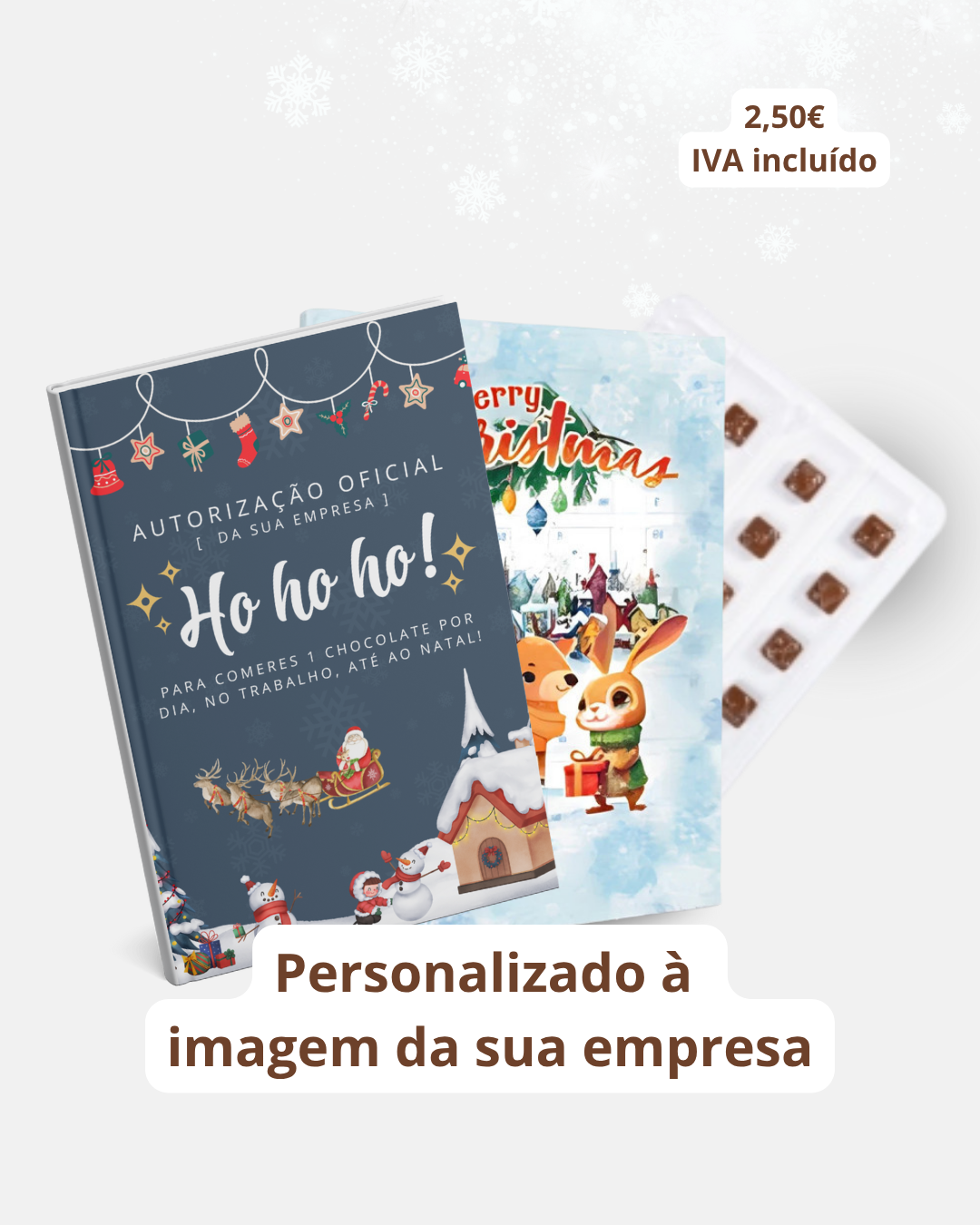 Caixa de chocolates personalizada com ilustrações natalícias e texto em português.