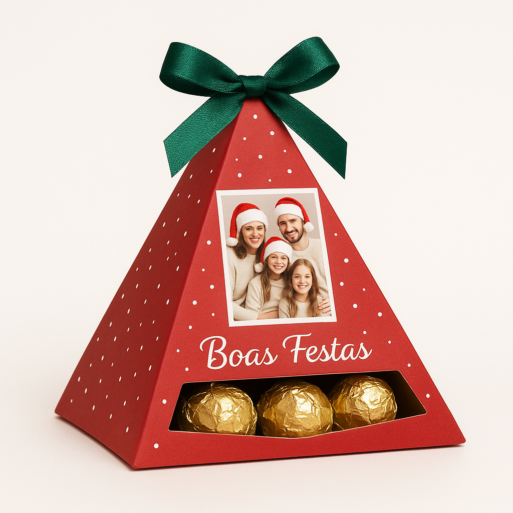 Embalagem de chocolates vermelha em forma de pirâmide com laço verde e foto de família