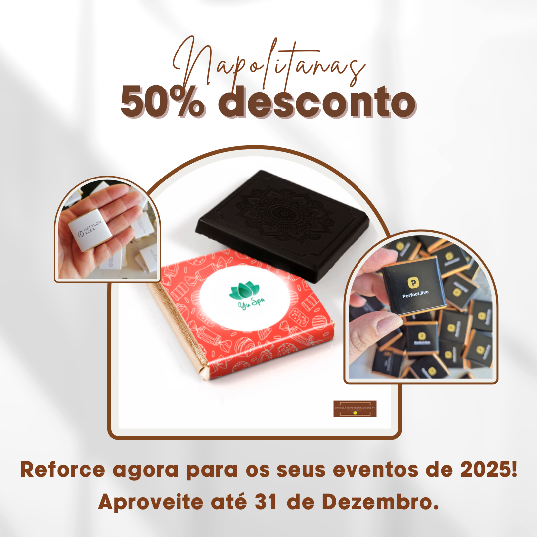 Promoção de napolitanas de chocolate com embalagem e texto promocional em português