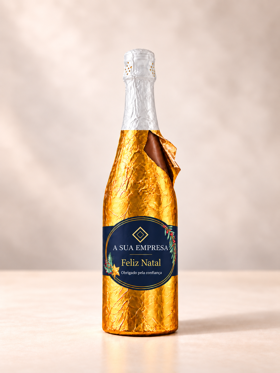 Garrafa de champanhe com embrulho dourado e rótulo azul de Natal