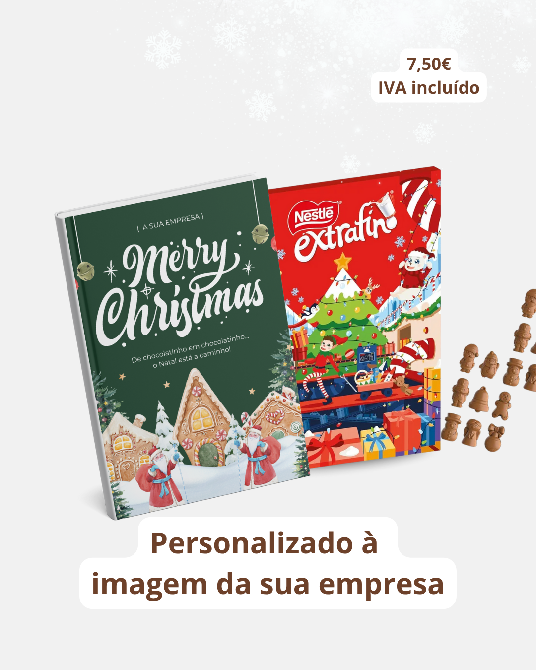 Calendários de advento Nestlé Extrafino 2023, com chocolates natalícios e texto promocional em português.