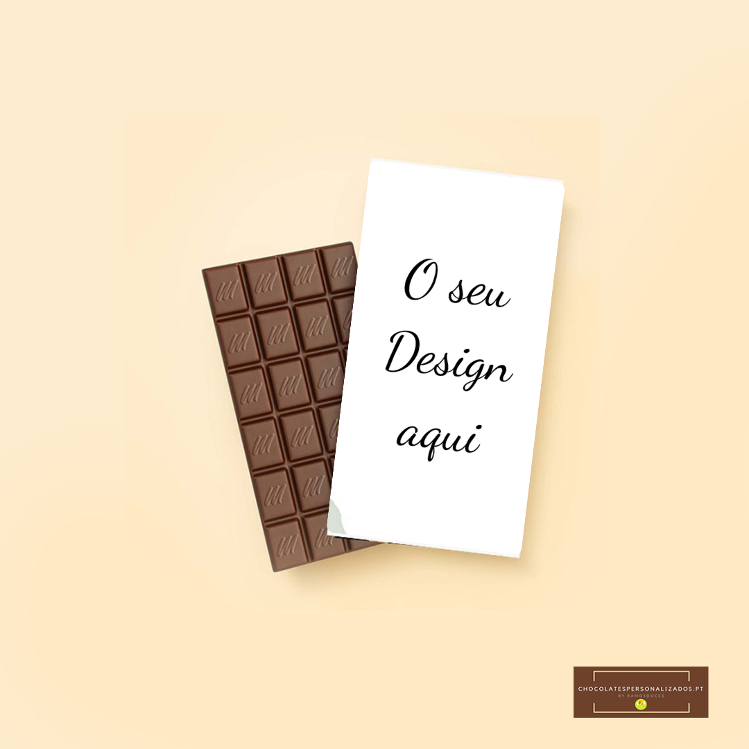 Barra de chocolate castanho com invólucro branco escrito O seu Design aqui