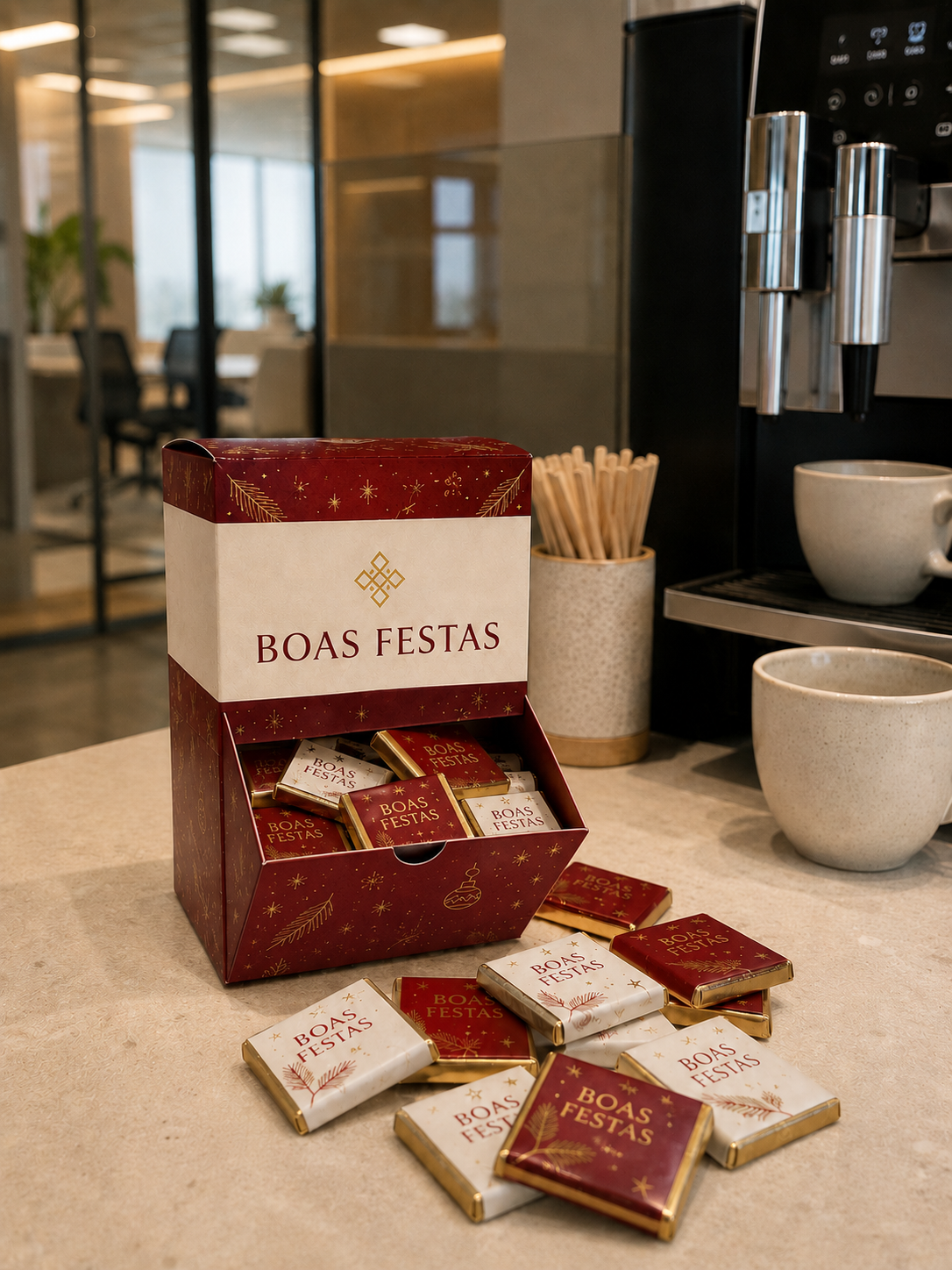 Caixa de chocolates com embalagem de natal vermelha e branca com chocolates espalhados ao lado de máquina de café.