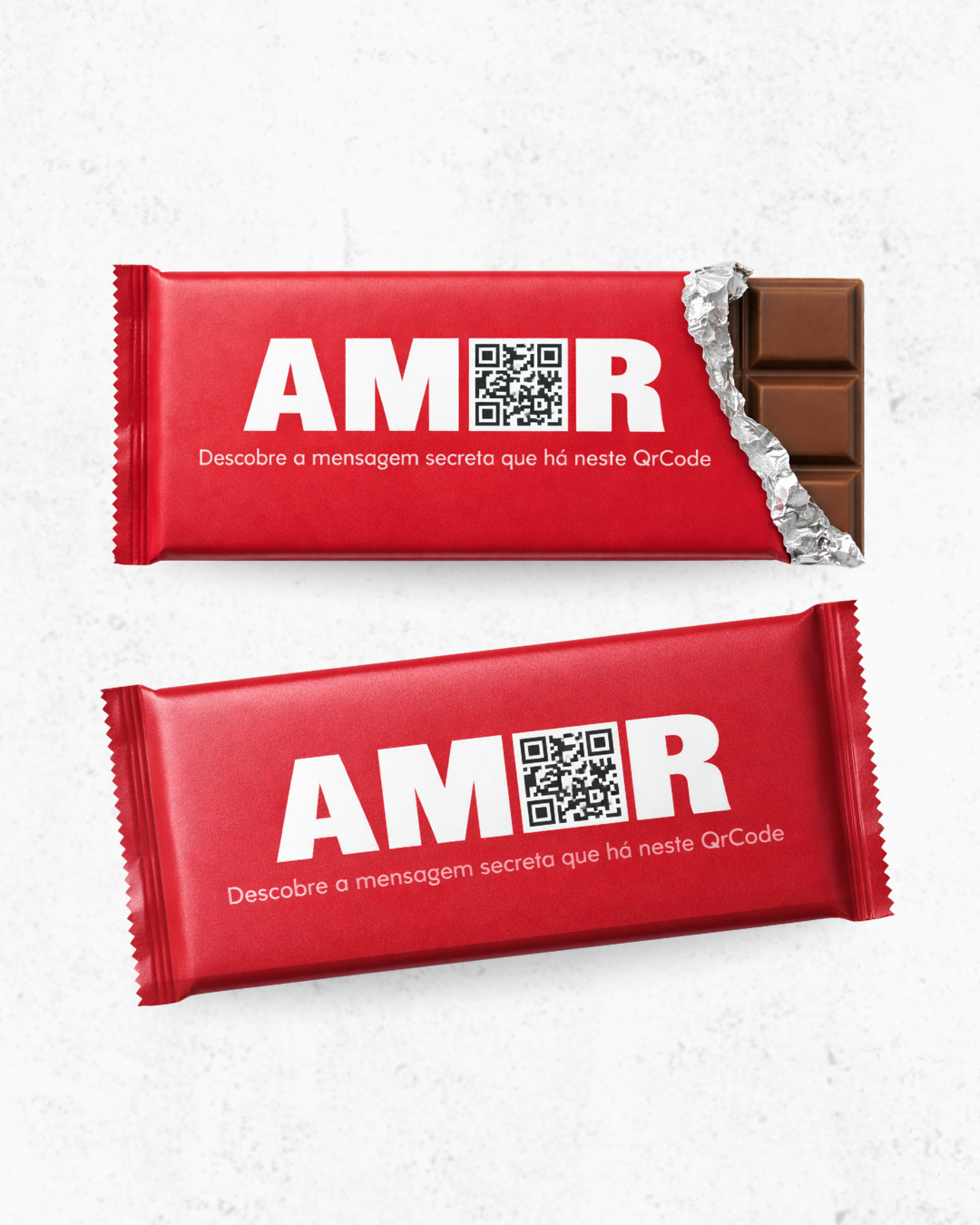 Barras de chocolate com embalagem vermelha e texto branco com QR code