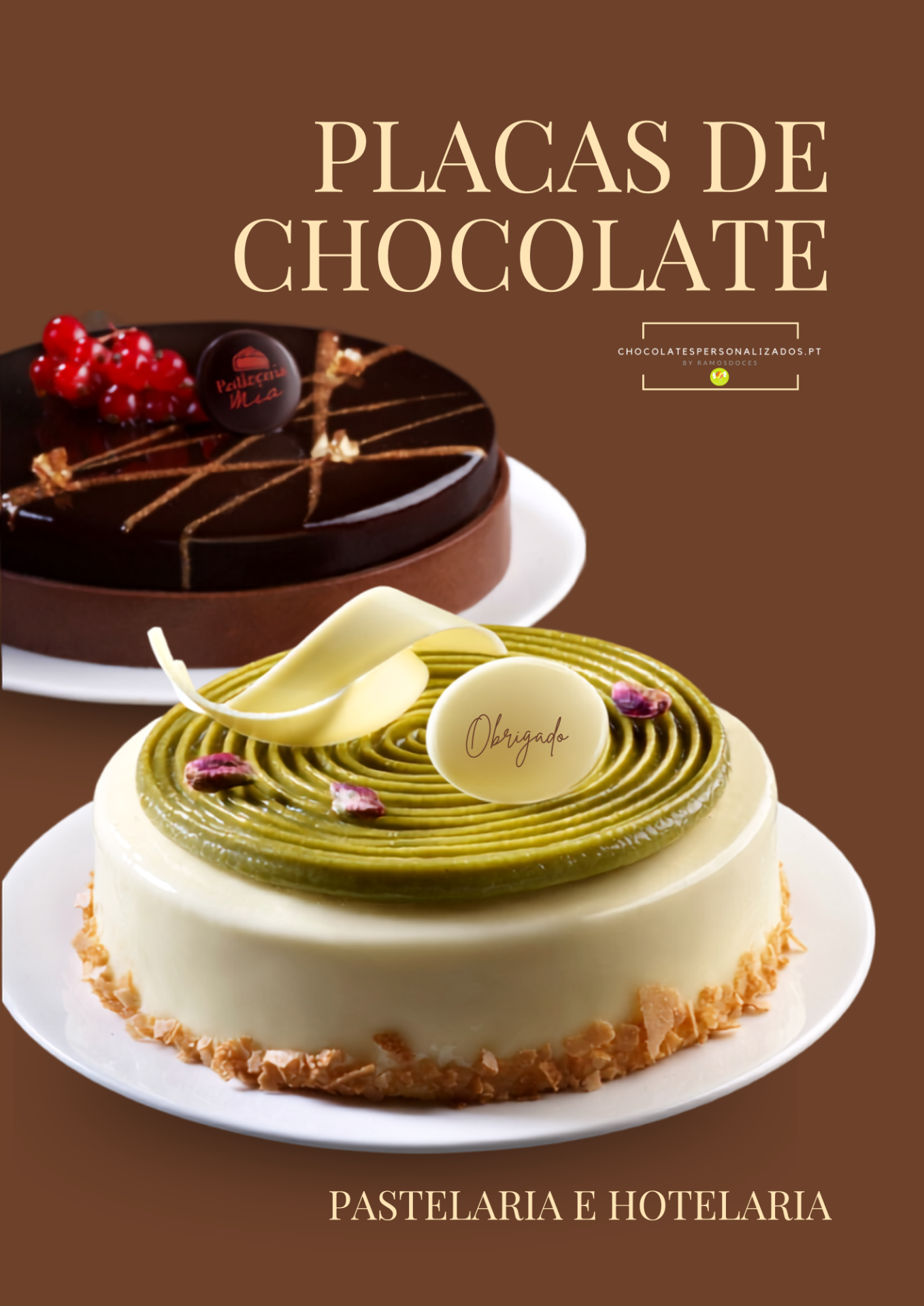Duas tartes decoradas, uma de chocolate negro com frutos vermelhos e outra com cobertura branca e detalhes verdes, texto promocional de placas de chocolate