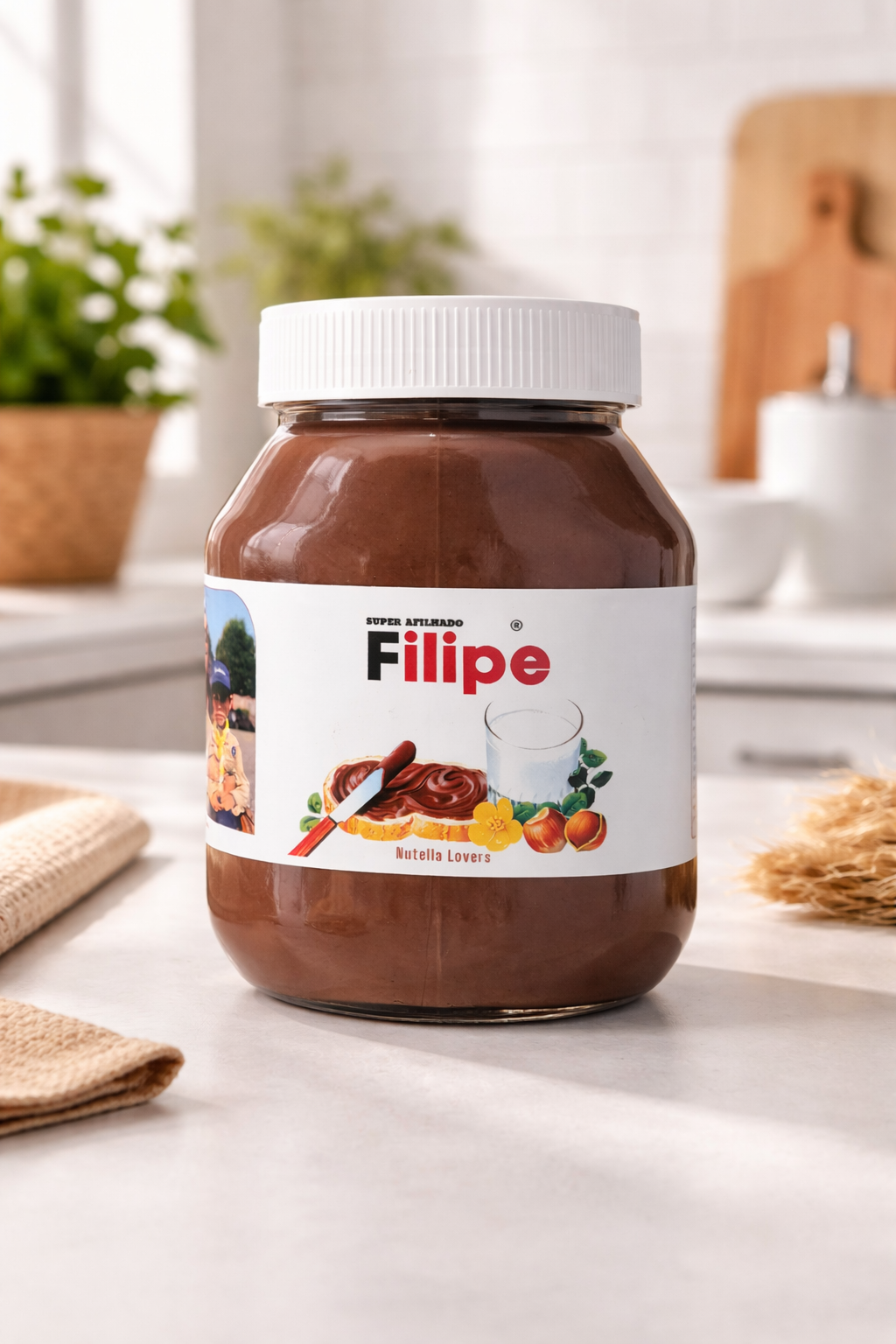 Frasco de creme de chocolate com rótulo branco na cozinha