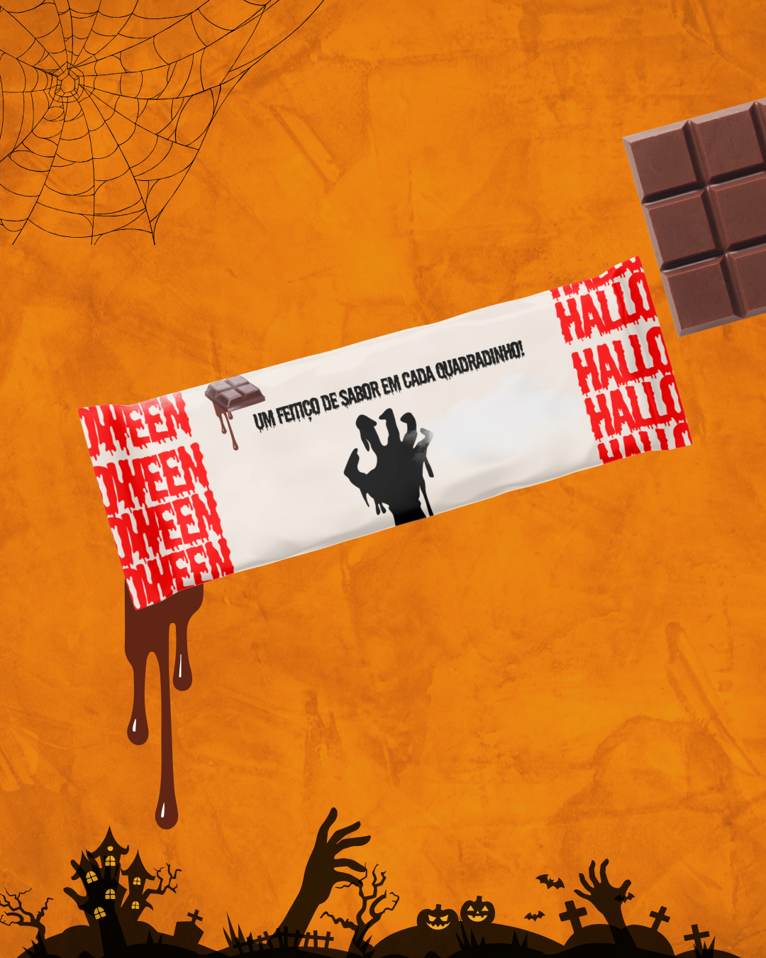 Barra de chocolate Halloween com embalagem branca e vermelha e fundo laranja decorado