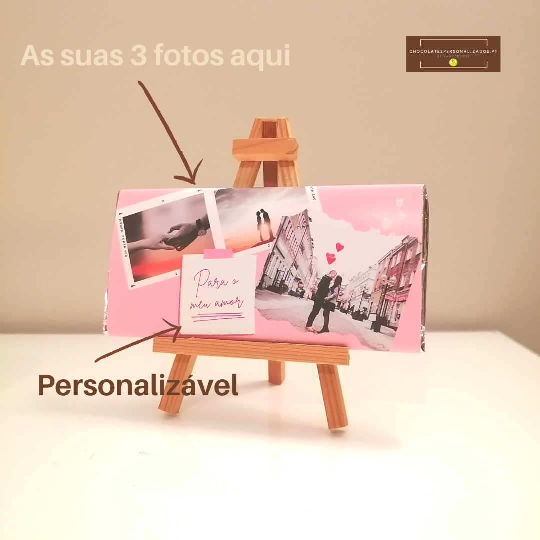 Embalagem rosa personalizável para chocolates com fotos em cavalete de madeira