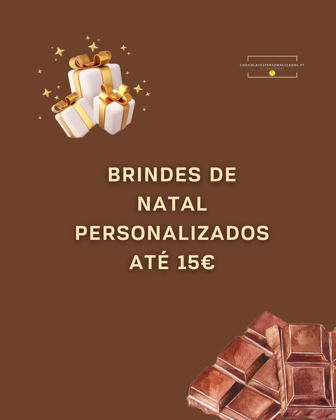 Brindes de Natal personalizados até 15€ com presentes e chocolate em fundo castanho
