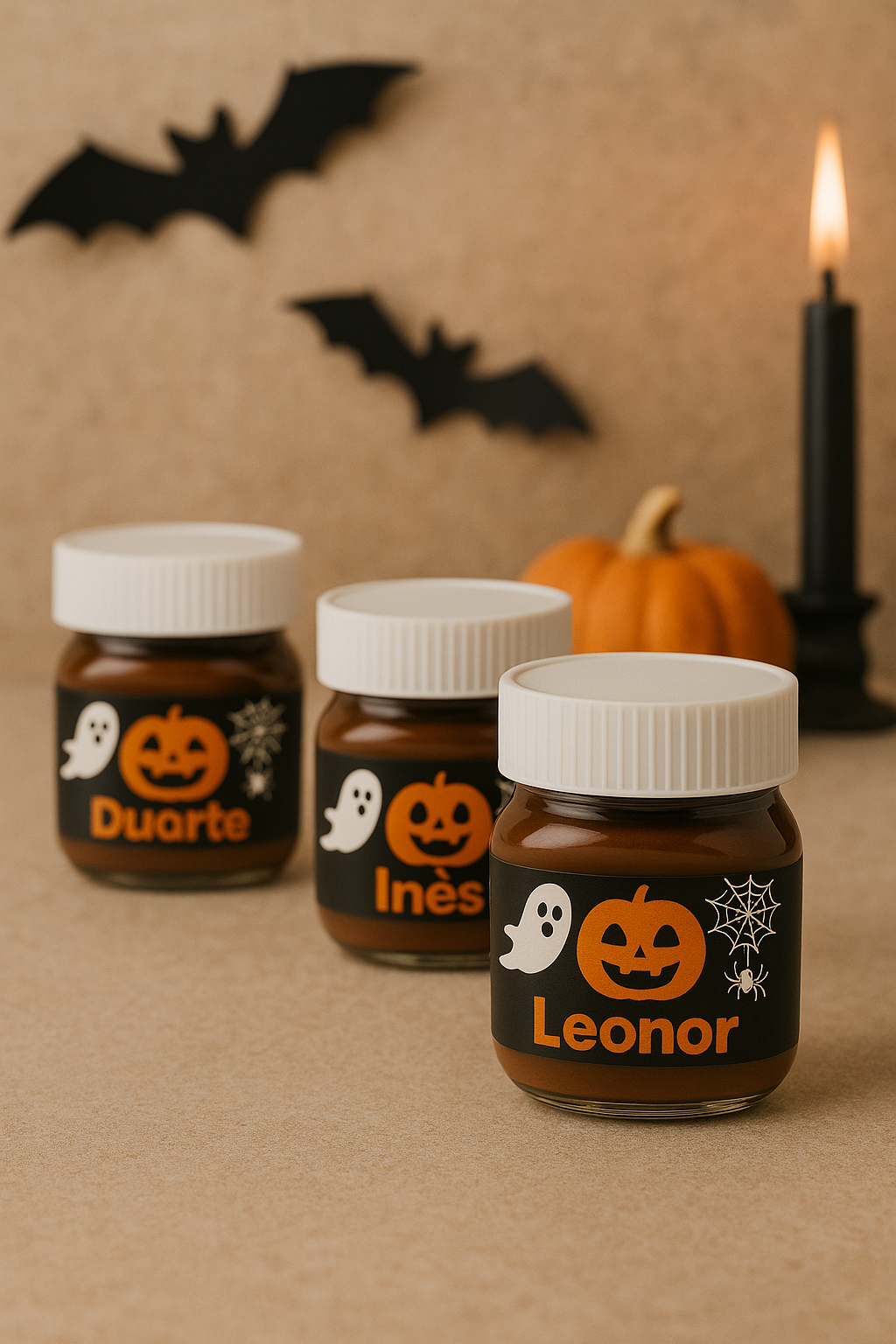 Frascos de vidro pequenos decorados para Halloween com nomes Leonor, Inês e Duarte, com velas, abóboras e morcegos ao fundo.