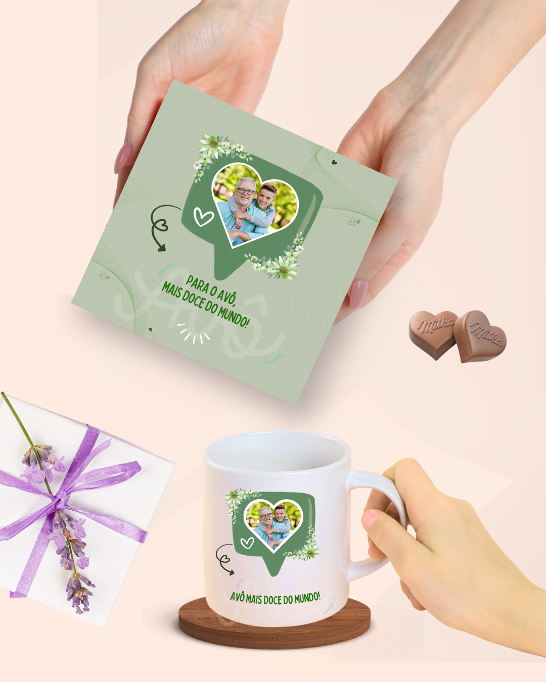 Caneca e caixa com design verde, texto dedicado ao avô, chocolates Milka e envelope com laço roxo