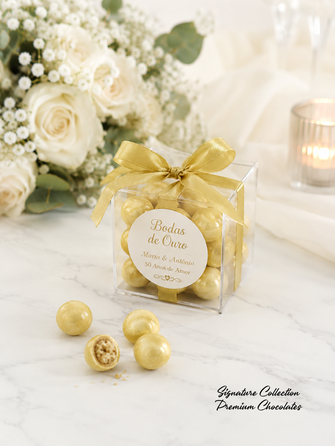 Caixa transparente com bombons dourados e laço dourado, etiqueta com texto Bodas de Ouro Maria & António 50 Anos de Amor