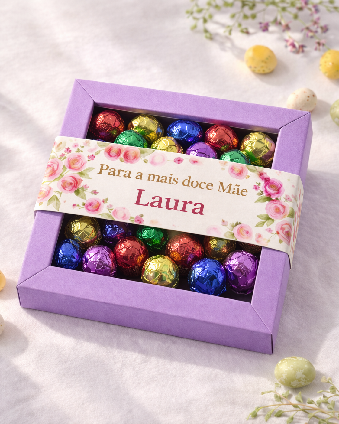 Caixa roxa com bombons coloridos e faixa decorativa personalizada para mãe Laura.