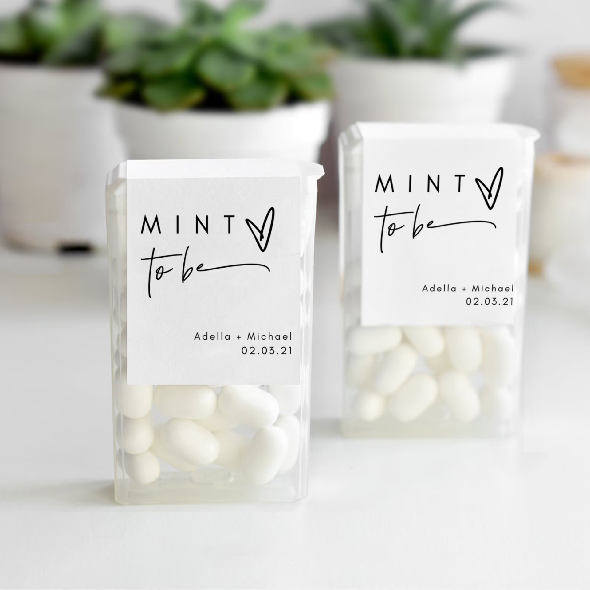 Caixas transparentes com pastilhas brancas e etiquetas personalizadas com texto