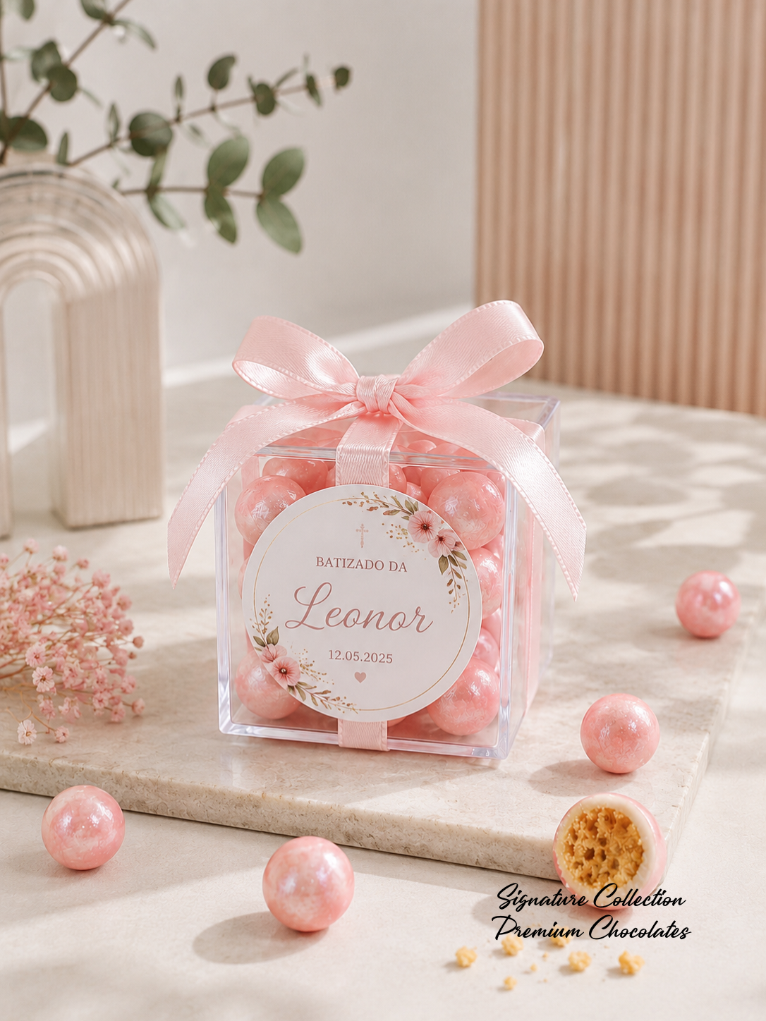 Caixa transparente com balas rosa peroladas e laço rosa para batizado