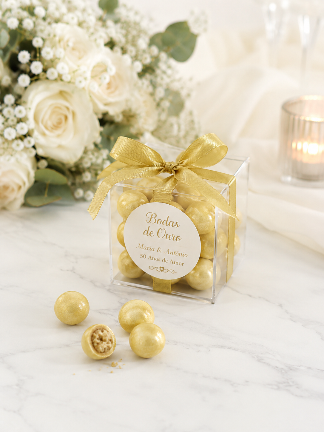 Caixa transparente com bolas douradas decorada com fita e etiqueta bodas de ouro.