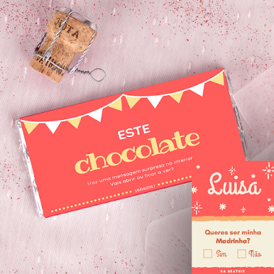 Barra de chocolate com embalagem vermelha e creme e cartão convite para madrinha