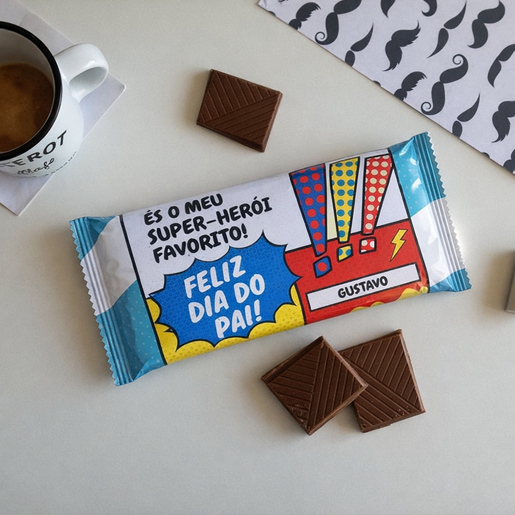 Barra de chocolate com mensagem de Dia do Pai em embalagem colorida, duas peças de chocolate e chávena de café