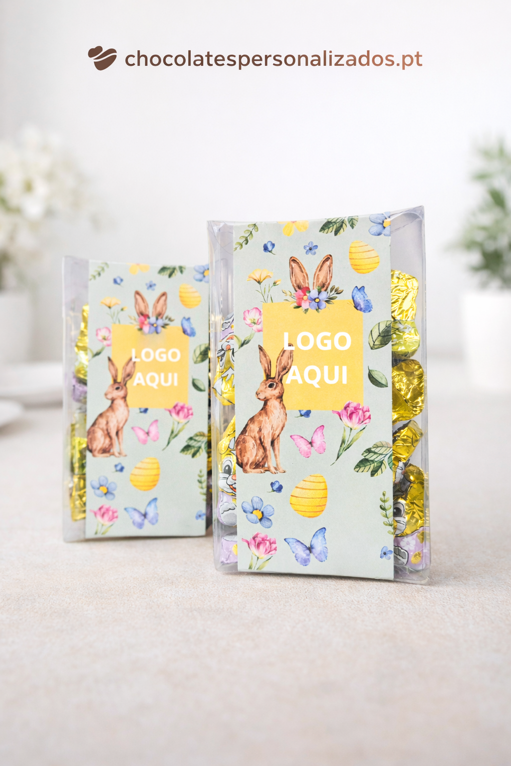 Caixas de chocolates com embalagem decorativa de coelhos e ovos de Páscoa