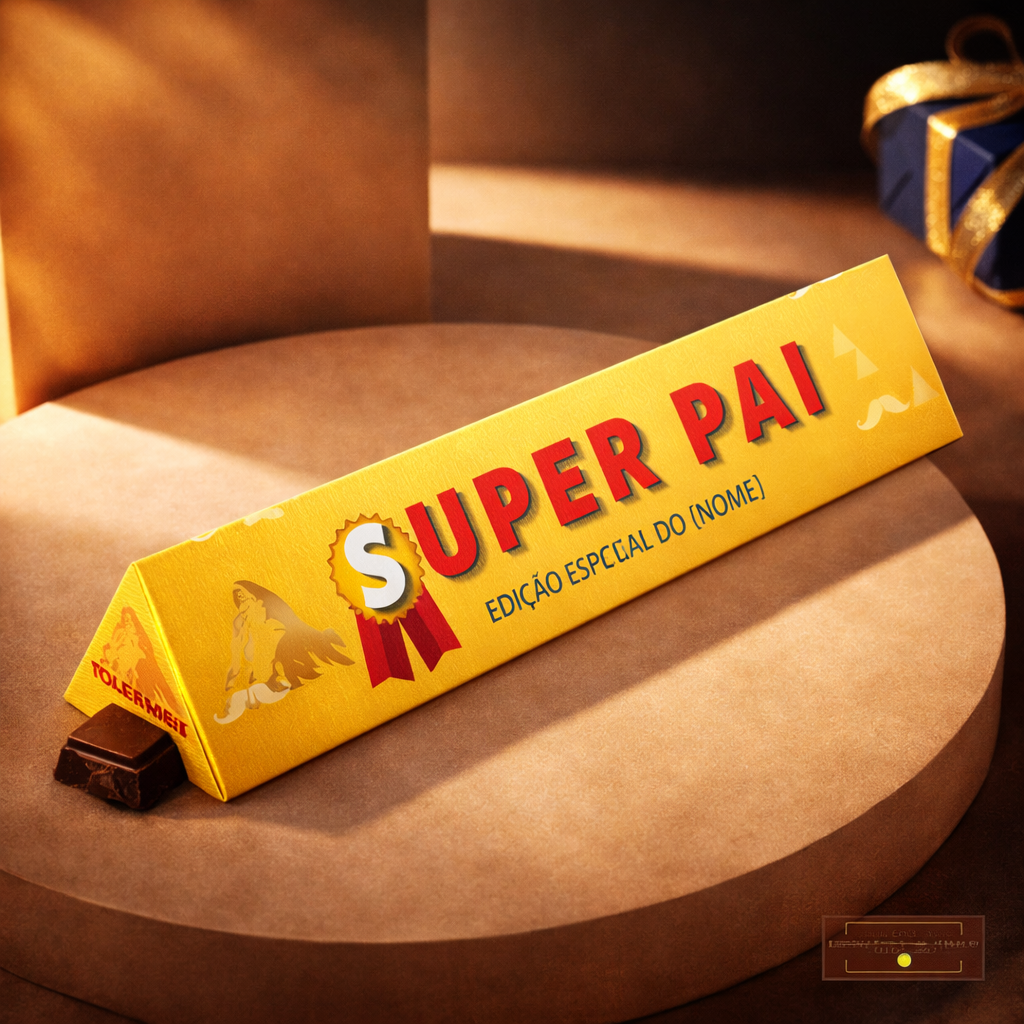 Embalagem triangular amarela de chocolate com texto SUPER PAI EDIÇÃO ESPECIAL DO (NOME)