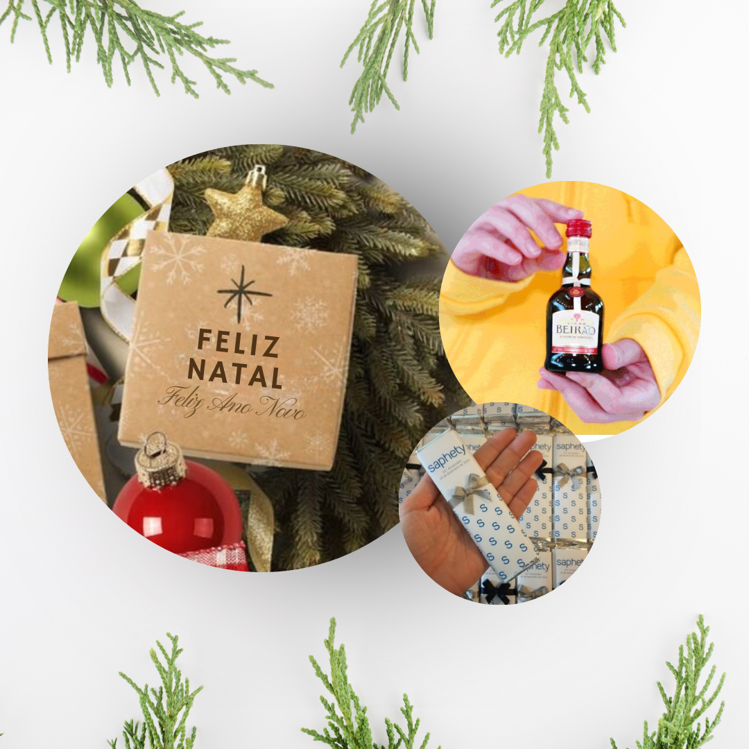 Três imagens circulares com tema natalício e produtos, incluindo presente, garrafa de licor e pacote embrulhado.