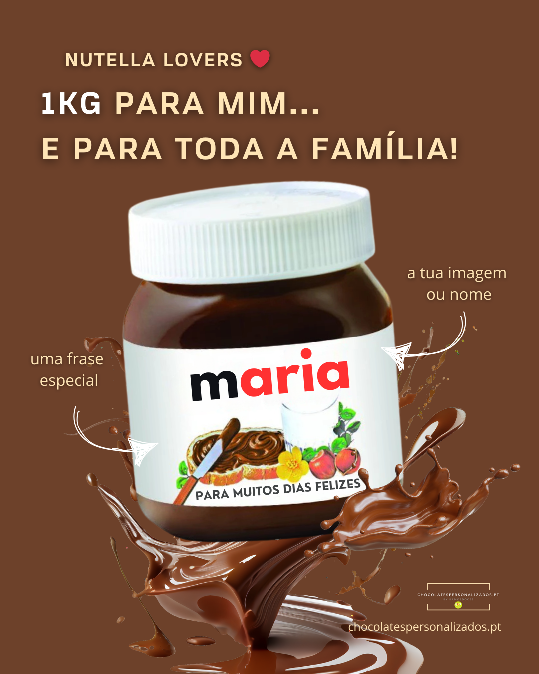 Frasco de Nutella personalizado com nome 'maria' em fundo castanho
