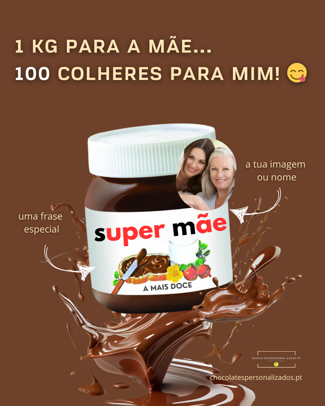 Frasco de chocolate personalizado para mãe com texto e imagem personalizada