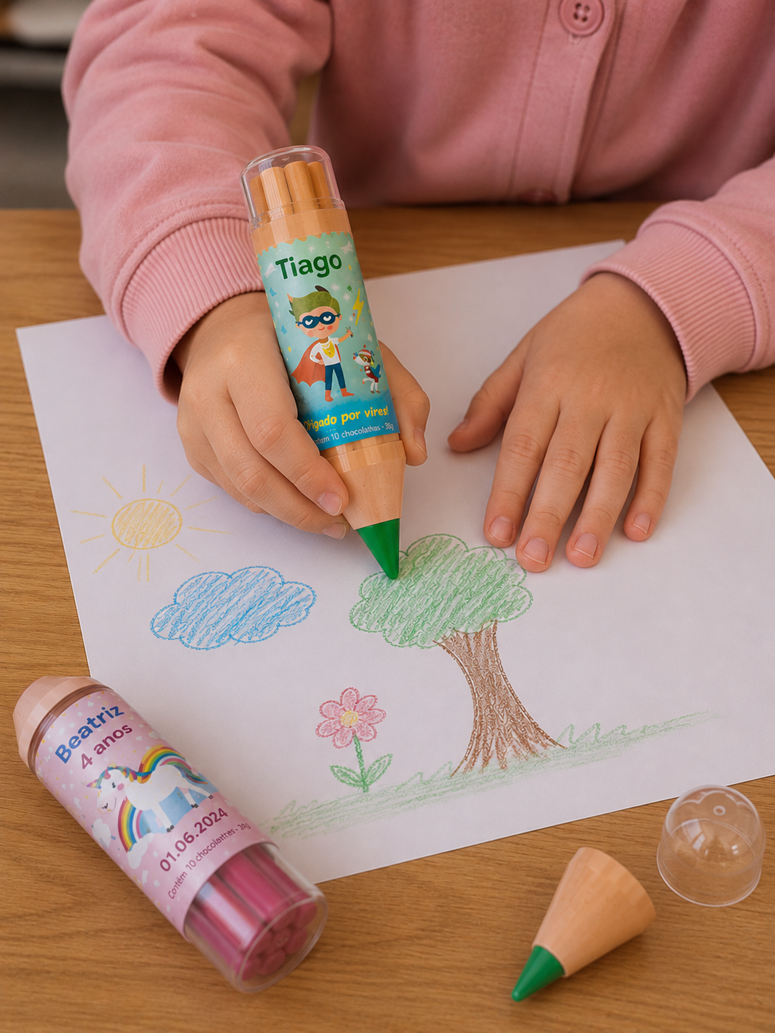Lápis de cor gigante com etiquetas personalizadas numa mesa de madeira e desenho colorido numa folha.