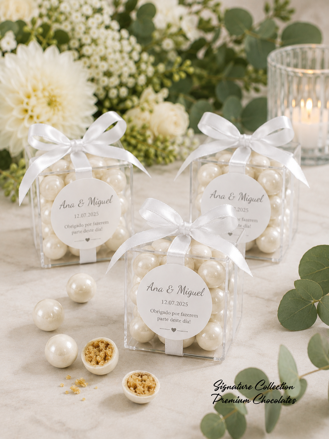 Caixas transparentes com bolas brancas e etiqueta personalizada em ambiente com flores e vela