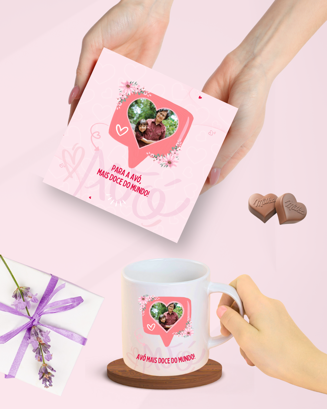 Caixa e caneca com foto em coração e texto para avó, chocolates em forma de coração, porta-copos de madeira, embrulho branco com fita lilás e flores