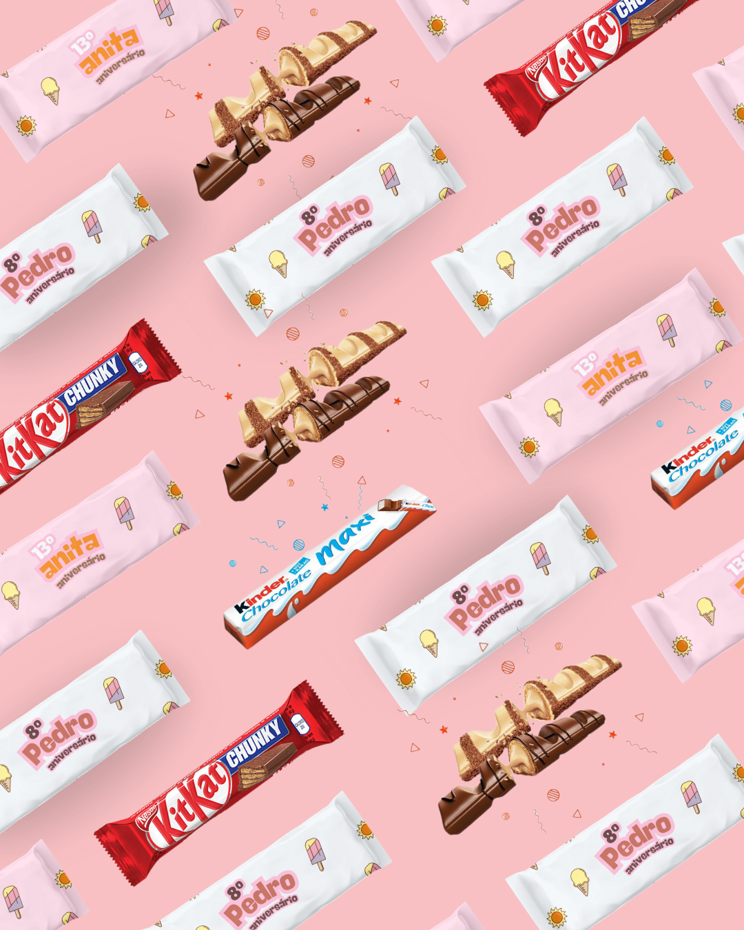 Barras de chocolate KitKat, Kinder e personalizadas em fundo rosa claro