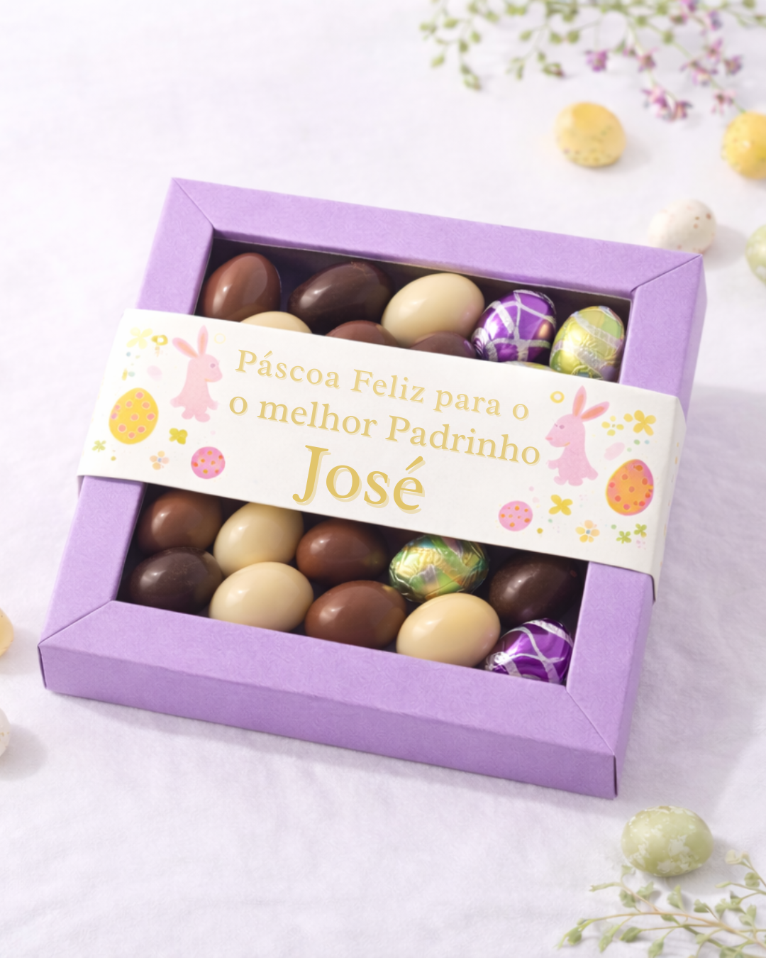 Caixa de ovos de chocolate com faixa personalizada para Páscoa