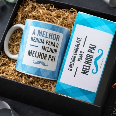 Conjunto de presente com caneca azul e tablete de chocolate para pai, em caixa preta com enchimento castanho