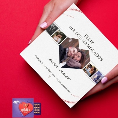 Cartão de dia dos namorados com fotos de casais e caixa de chocolates Milka