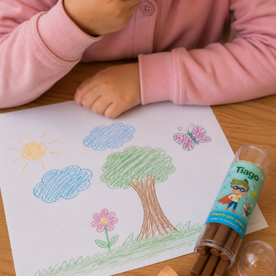 O que oferecer aos convidados de uma festa infantil? 7 ideias originais que as crianças adoram Desenho colorido e tubo de lápis de cor com etiqueta personalizada