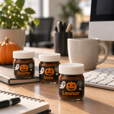 Três frascos com etiquetas de Halloween e nomes numa mesa de escritório com teclado, caneca, caderno e planta.